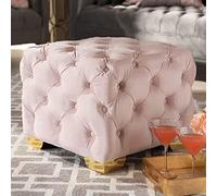 Taburete cuadrado de terciopelo con botones - Reposapiés tapizado / mesa auxiliar para salón o dormitorio, color rosa claro