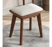 Taburete cuadrado tapizado con patas de madera para mujer, silla de maquillaje E para fácil montaje (tela beige/patas blancas de 18 pulgadas)