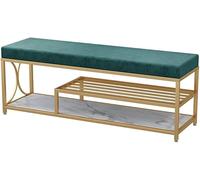Taburete de almacenamiento de terciopelo de doble asiento con zapatero, elegante nizer de metal para dormitorio, cómodo reposapiés verde, mueble multifuncional de 100 cm
