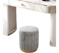 Taburete de almacenamiento redondo de terciopelo crema, silla de maquillaje pequeña para dormitorio, elegante reposapiés otomano, asiento de tocador gris, solución de almacenamiento versátil