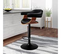 Taburete de bar ajustable de piel sintética con respaldo giratorio de 360° y reposapiés, silla de cocina de madera para comedor, pub, bar, encimera, color negro, serie Joan (1 unidad)