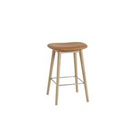 Taburete de Bar de Fibra con Base de Madera Tapizado en Cuero Coñac/roble Al. 66 cm