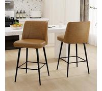 Taburete de bar moderno, juego de 2, taburetes tapizados giratorios de 360° con respaldos y patas de metal, altura del asiento de 26 pulgadas, taburete de cocina de piel sintética con reposapiés para