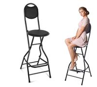 Taburete de bar plegable portátil con respaldo, silla alta acolchada de 66 cm para adultos, ideal para uso en interiores y exteriores en cocina, cafetería y tienda, elegante diseño negro