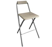 Taburete de bar plegable portátil de madera con respaldo y reposapiés, marco de tubo plateado, 60 cm de altura, perfecto para acampar al aire libre, viajes, tiendas de campaña y uso en el patio