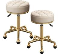 Taburete de bar redondo blanco con base cromada dorada con 5 ruedas giratorias de altura ajustable, perfecto para salones de belleza (juego de 2)