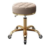 Taburete de belleza giratorio de altura ajustable con base de acero de metal dorado y ruedas de tierra, asiento redondo, silla rodante para salones de belleza y oficinas