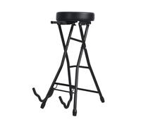 Taburete de guitarra plegable con soporte integrado, asiento acolchado, reposapiés, gancho retráctil, para guitarra acústica, eléctrica, baja, estudio, curso, repetición, escenario negro