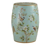 Taburete de Jardín de Cerámica Esmaltada, Taburete Tambor de Cerámica con Motivos Florales y Pájaros, Mesa Auxiliar Elegante para Salón, Terraza, Balcón, Baño o Soporte para Plantas(Light gray1)