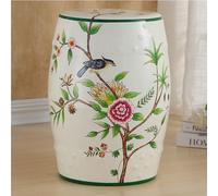 Taburete de jardín de cerámica, taburetes decorativos de jardín con forma de tambor, pájaros y plantas modernos esmaltados y pintados a mano para salón, dormitorio, balcón y patio. E-White 28x28x46cm