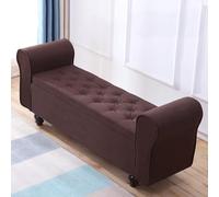 Taburete De Pie De Gran Capacidad Para Dormitorio, Sala De Estar, Otomana De Almacenamiento Vintage Tapizada Con Patas De Madera, Banco De Almacenamiento Armado De Lino Copetudo-100x40x4(Color:Marrón)