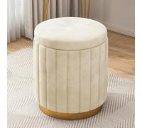 Taburete de tocador de terciopelo beige con almacenamiento, otomana redonda acolchada para dormitorio y sala de estar, elegante silla de maquillaje, reposapiés tapizado suave, diseño que ahorra