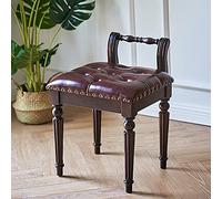 Taburete de tocador rústico con respaldo, banco tapizado de cuero, silla de maquillaje de madera tallada para sala de estar y dormitorio, 45 x 43 cm