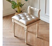 Taburete de tocador rústico con respaldo, banco tapizado de cuero, taburete de maquillaje de madera tallada para dormitorio y sala de estar, 45 x 43 x 59 cm