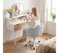 Taburete de tocador, silla de maquillaje, taburete de maquillaje giratorio de 360 grados, altura ajustable, respaldo pata de gato, asiento de franela suave para dormitorio salón de uñas (gris claro)