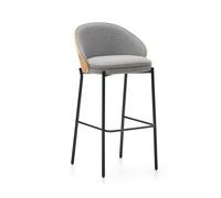 Taburete Eamy en chenilla gris claro con chapa de fresno y acabado natural, metal negro, 77 cm