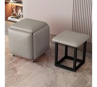 Taburete giratorio 5 en 1 con ruedas rodantes, reposapiés apilable otomano y móvil para sala de estar y dormitorio, elegante solución de asiento de piel de napa gris