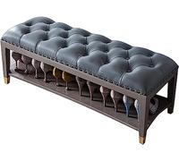 Taburete otomano chinoiserie de madera maciza botón de cuero premium Banco de zapatos Almacenamiento de zapatos con un banco de zapatos de asiento acolchado para sala de estar dormitorio azul y gris