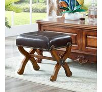 Taburete otomano de cuero con patas en X, reposapiés pequeño de abedul con asiento acolchado para sala de estar, reposapiés de mediados de siglo, banco de cambio de zapatos para dormitorio y entrada