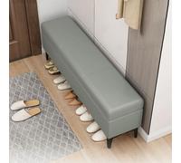 Taburete otomano de piel sintética gris medio, reposapiés para juguetes y zapatos, elegante banco de cubo con patas, taburete largo y estrecho para entrada y sala de estar