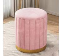 Taburete otomano de terciopelo rosa de lujo - Asiento redondo tapizado para almacenamiento de tocador para dormitorio y sala de estar, reposapiés suave y asiento extra, compacto de 13 x 17 pulgadas