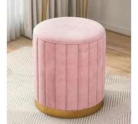 Taburete otomano redondo de terciopelo rosa y reposapiés tapizado con base dorada, ideal para sala de estar, dormitorio o tienda (sin almacenamiento, 13 x 16.5 pulgadas)