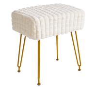 Taburete otomano reposapiés, asiento de tocador de terciopelo con patas de acero dorado, patrón de cuadrícula cuadrada, ideal para sala de maquillaje y dormitorio