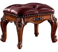 Taburete pequeño de cuero otomano, reposapiés tapizado tallado vintage, taburete de madera de goma para sala de estar, dormitorio