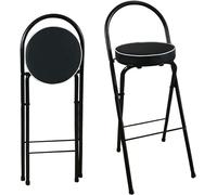 Taburete plegable de barra de desayuno de 28 pulgadas con soporte trasero y reposapiés, asiento acolchado redondo para cocina, oficina, fiesta, elegante asiento portátil negro