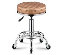 Taburete redondo de piel sintética con reposapiés para spa, salón, tatuaje, trabajo, altura ajustable, silla giratoria resistente con ruedas, color marrón