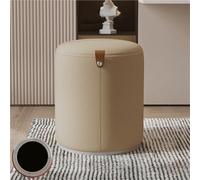 Taburete redondo otomano giratorio de 360° de cuero caqui con asiento acolchado suave, reposapiés tapizado para sala de estar, dormitorio, espacios pequeños y uso de maquillaje