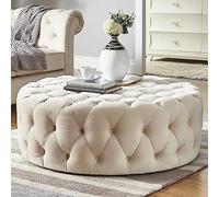 Taburete reposapiés de terciopelo de felpa para sala de estar y dormitorio, moderno banco de mesa de café redonda con diseño copetudo, lujoso y cómodo, muebles blancos para el extremo de la cama