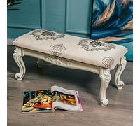 Taburete resistente con patas talladas, banco moderno con acento al final de la cama para sala de estar, dormitorio, banco de entrada de tela bordada a mano (blanco roto, 31 x 14 x 14 pulgadas)