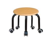 Taburete rodante de madera de grano bajo con 5 ruedas, base metálica ajustable, asiento redondo universal para oficina en casa o fitness, color negro y blanco