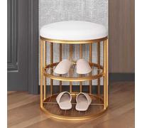 Taburete Zapatero pequeño para recibidor. Banco bajo Acolchado con Espacio para Guardar Zapatos. Elegante Estructura de Metal Dorado Espacios pequeños.