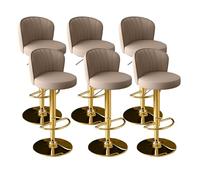 Taburetes de bar giratorios ajustables modernos de piel sintética con respaldo y reposapiés, juego de 6 taburetes de mostrador alto, color marrón con patas doradas, perfectos para cocina y comedor