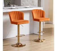 Taburetes de bar giratorios de altura de mostrador, juego de 2 taburetes de bar de terciopelo naranja con respaldo ajustable con base dorada, taburete moderno para isla de cocina