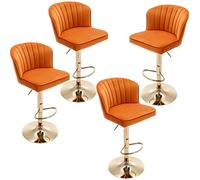 Taburetes de bar giratorios de altura de mostrador, juego de 4 taburetes de bar de terciopelo naranja con respaldo ajustable con base dorada, taburete moderno