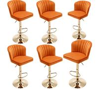 Taburetes de bar giratorios de altura de mostrador, juego de 6 taburetes de terciopelo naranja con respaldo ajustable, con base dorada, taburete moderno para isla de cocina