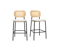 Taburetes de diseño en tejido efecto terciopelo texturizado beige, metal negro y rejilla de ratán (lote de 2) MIRANDA
