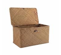 Tacdas Cesta de Almacenamiento de Paja Tejida una Mano con Tapa Organizador de Maquillaje Caja de Almacenamiento Cestas de LavanderíA Seagrass Caja de JoyeríA de RatáN (M)