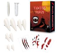 Tacilin Colmillos Vampiro Adultos y Niños - 4 Pares Vampire Fangs, 3 Pegatinas de Tatuajes de Halloween, 1 Tubo de Adhesivo de Pellets de Dientes para Fiesta de Fiesta de Halloween, Cosplay