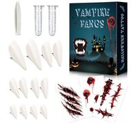 Tacilin Colmillos Vampiro Adultos y Niños - 6 Pares Vampire Fangs (4 Tamaños) 3 Pegatinas de Tatuajes de Halloween, 2 Tubo de Adhesivo de Pellets de Dientes para Fiesta de Fiesta de Halloween, Cosplay