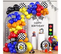 Tacobear 136 Piezas Decoracion Cumpleaños Autos de Carrera con Guirnalda de Globos Bandera a Cuadros Blanca y Negra Artículos Decoración Fiesta Cumpleaños para Niño Infantiles