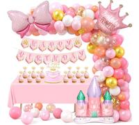 Tacobear Decoracion Cumpleaños Niña Decoracion Fiesta Cumpleaños Princesas con Corona de Globos Cumpleaños Globo Lazo Rosa Pancarta Happy Birthday para Decoracion Fiesta Niña