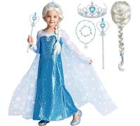 Tacobear Disfraz Elsa Niña Vestido Princesa Elsa Accesorios con Peluca Corona Varita Mágica Princesa para Cumpleaños Fiesta Cosplay Halloween Navidad Carnaval (140)