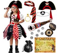 Tacobear Disfraz Pirata Niña Vestido Pirata con Accesorios Sombrero Pañuelo Parche Telescopio Mapa Brújula Set Disfraz para Halloween Carnaval Cumpleaños (110, 4-5 Años)