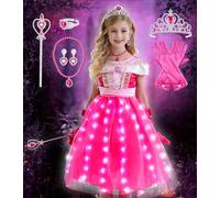 Tacobear LED Disfraz Princesa Vestido Princesa Aurora Rosa Traje Bella Durmiente Corona Varita Hada Collar Pendientes Anillo Guantes Disfraz Halloween Carnaval Navidad Niña Niño 2-8 años (5-6años)