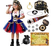Tacobear Pirata Disfraz Niña Carnaval Disfraz Princesa Niña Vestido con Accesorios Piratas Parche Turbante Pendientes Telescopio Cumpleaños Cosplay Trajes Disfraces Carnaval Niña (140, 9-10 Años)