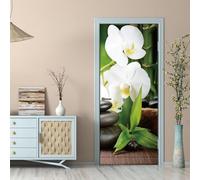 TACOKI Murales Para Puertas Estilo Chino, Pegatina Puerta Hojas de Bambú Orquídea 3D Papel Pintado Autoadhesivo Mural Poster Puertas Pegatinas para Cocina Sala de Baño Decorativos 88x200 cm 3604z